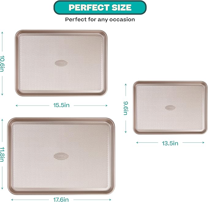 Baker's Secret Baking Sheet Pan Set, 3x Cookie Sheets for Oven, Diamond Texture Premium Air Flow, Set of 3 Baking Trays, Extra Thick 0.6mm with Diamond Base PFOA, PFOS, PTFE and PFAS free