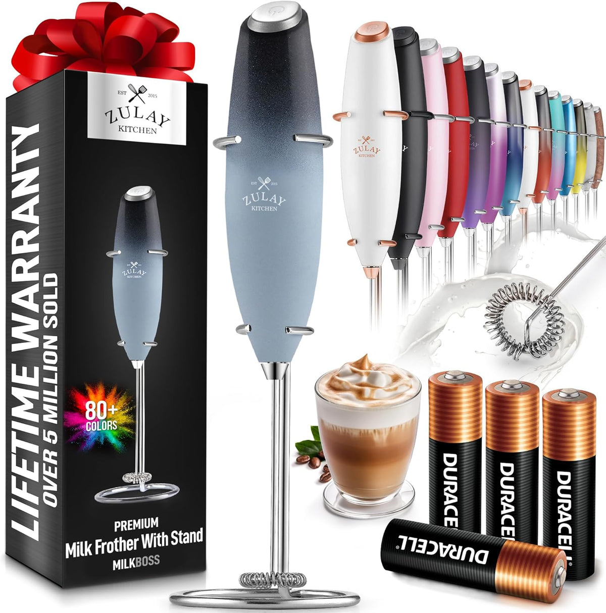 Zulay Kitchen Powerful Milk Frother Wand With 4 AA Duracell Batteries - Ultra Fast Handheld Drink Mixer - Electric Whisk Foam Maker for Coffee, Lattes, Cappuccino, Matcha & Creamer -