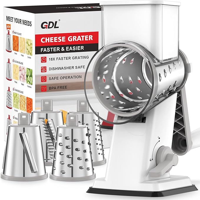 GDL Rotary Cheese Grater Hand Crank - Upgraded Cheese Shredder with 4 Interchangeable Blades, Rotary Grater with Non-slip Suction Base, Easy to Clean Kitchen Grater Slicer Grinder for Vegetable Nuts