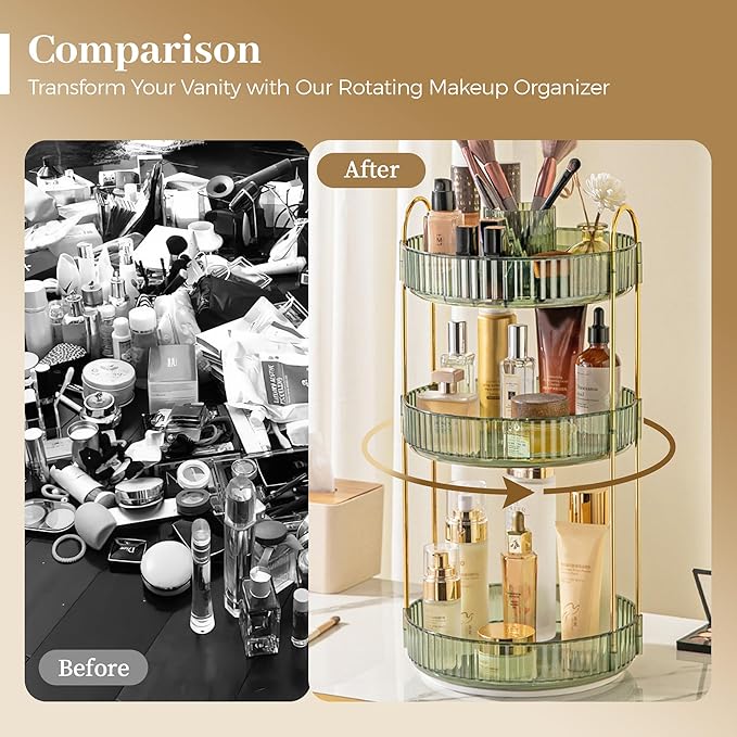 Aveniee 360 Rotating Makeup Organizer for Vanity, Perfume Storage with Brush Holder for Bathroom Countertop, 3 Tier Spinning Skincare Display Case for Lipstick Cosmetic Lotion,Green