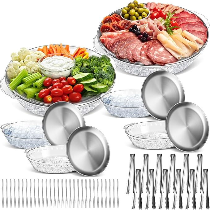 Baderke 6 Sets 11.8" Chilled Serving Tray for Parties Round Iced Platter with Ice Underneath Stainless Steel Clip Fruit Fork Shrimp Cocktail Serving Dish for Oysters Crawfish Fruits (Original)