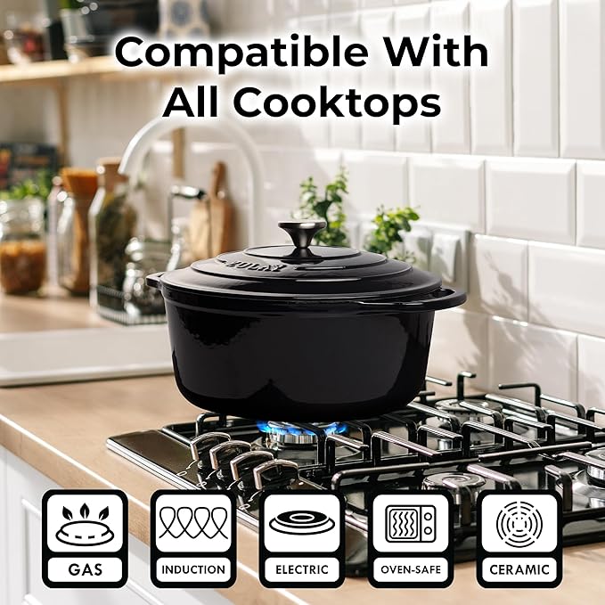 Zulay Kitchen 7.7 Quart Enameled Cast Iron Dutch Oven Pot with Lid – Premium Durability & Oven Safe up to 500°F – Heavy Duty Cookware Perfect for Bread Baking, Stews, Braising & Roasting – Black