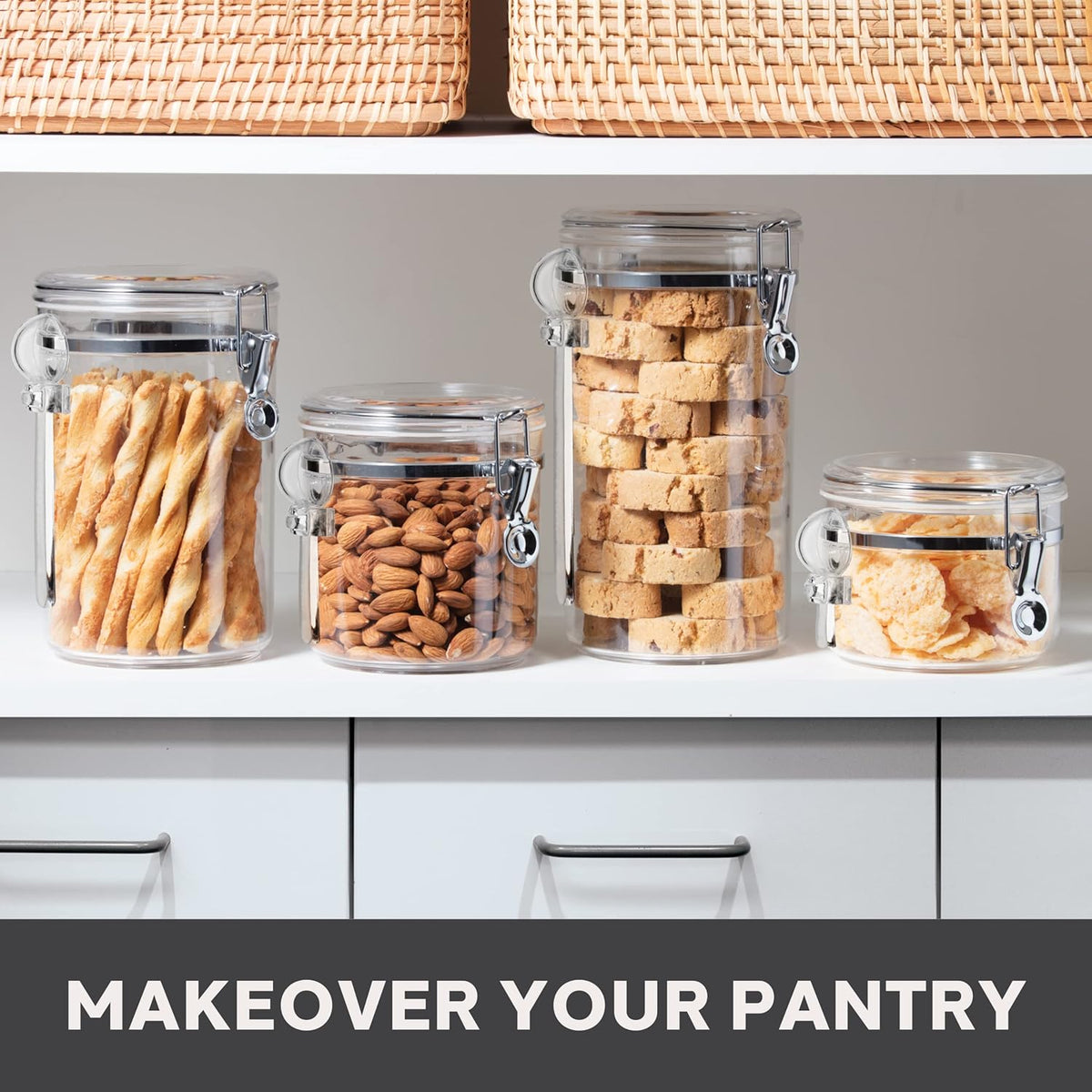 Oggi 4pc Clear Canister Set with Clamp Lids Airtight Containers in Sizes Ideal for Kitchen & Pantry Storage of Bulk, Dry Foods Including Flour, Sugar, Coffee, Rice, Tea, Spices & Herbs