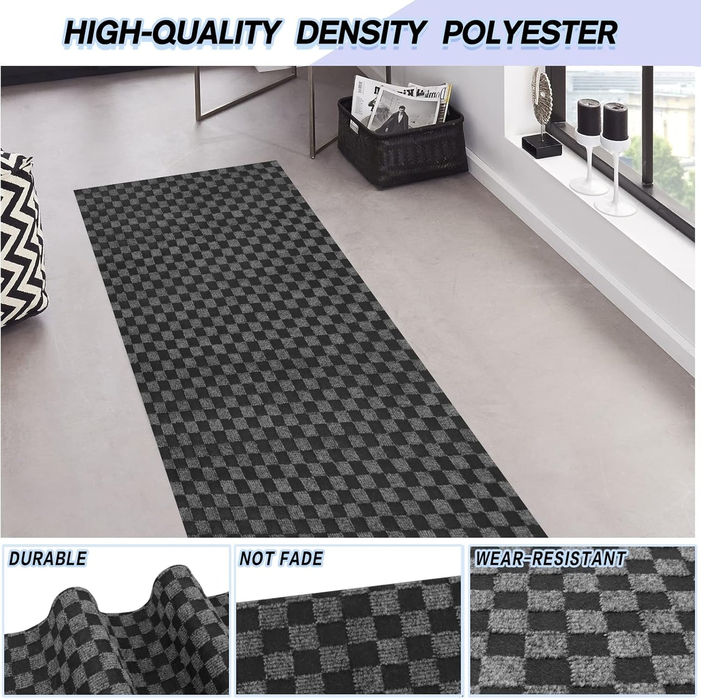 Custom Size Backed Non-Slip Area Rugs Runner, Easy Clean, Waterproof Runner Rugs for Hallway Entryway, Kitchen, Laundry, 3FT x 63FT, Gray Checkered
