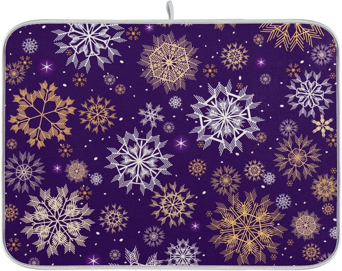 Christmas Purple Gold Snowflakes Dish Drying Mat for Kitchen Counter Absorbent Microfiber Drying Pad, Large 18x24 in, Reversible Drainer Mats