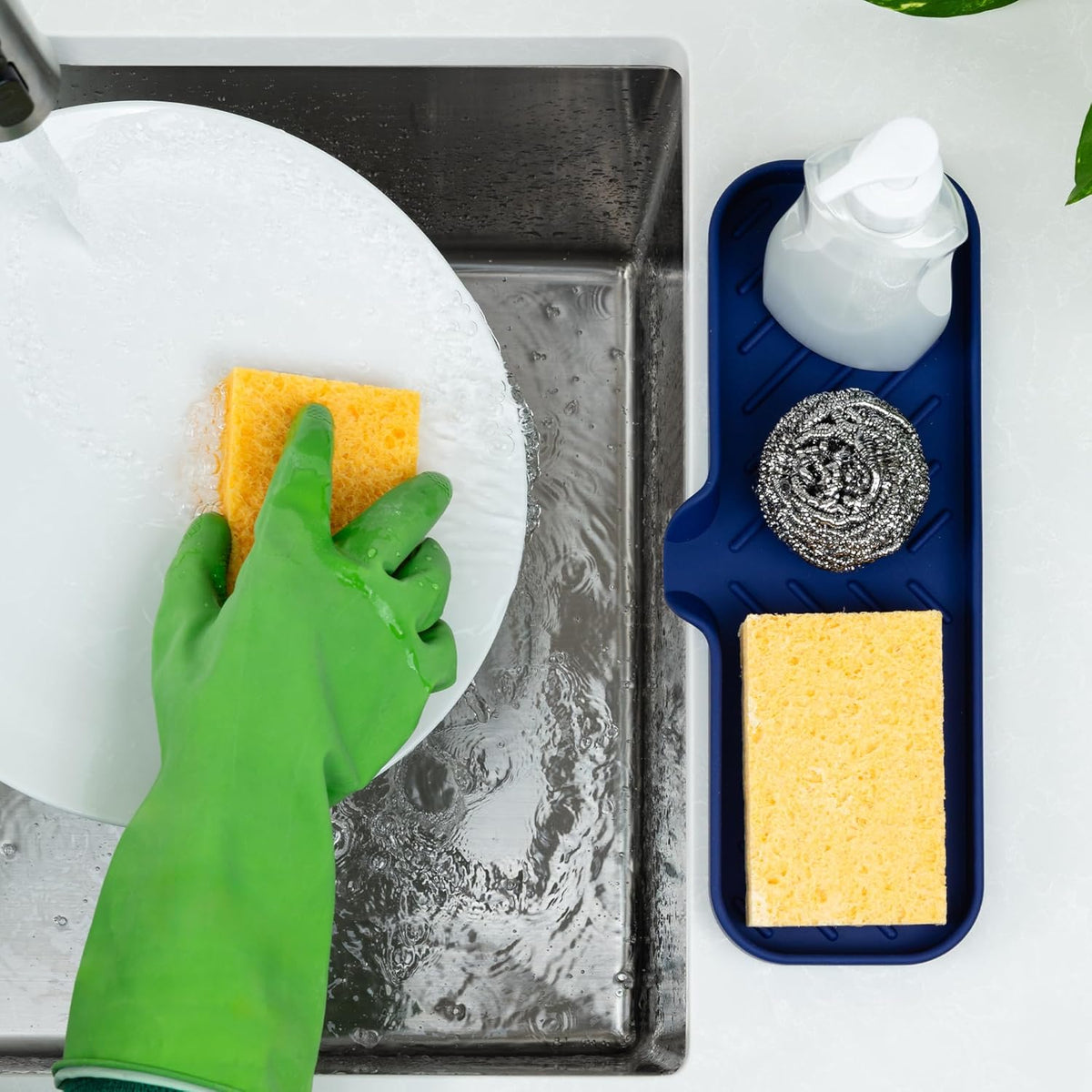 Zulay Kitchen Large Silicone Sponge Holder (12x4) – Flexible Sink Organizer Tray for Kitchen & Bathroom – Multipurpose Soap Dish for Sponges, Makeup, Trinkets & More (Dark Blue)