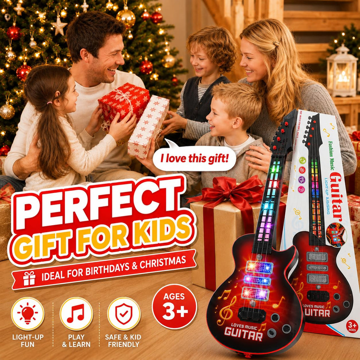 Kids Electric Guitar Toy for Ages 3-5 21 Inch Light Up Guitar with 4 Strings Infrared Sensor & Strap Musical Gift for Boys Girls (Red)