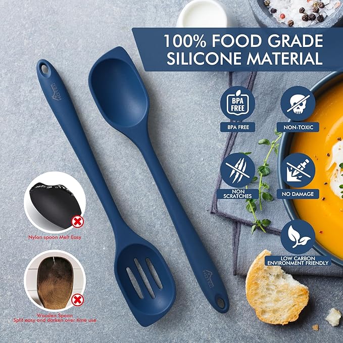 HOTEC 446°F Heat Resistant Silicone Cooking Spoon Spatula, BPA Free Large Kitchen Solid and Slotted Spoons for Mixing, Serving, Scraping, Non-stick, Dishwasher Safe Classic Blue 12.5inch