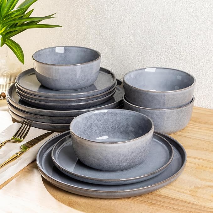 AmorArc Stoneware Dinnerware Sets,Round Reactive Glaze Ceramic Plates and Bowls Sets,Highly Scratch Resistant | Microwave & Dishwasher Safe,Service for 8 Dishes Set (24pc)