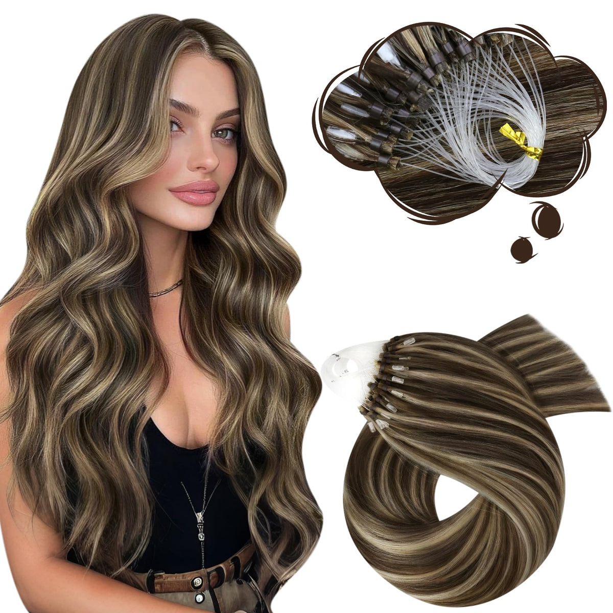 Moresoo Micro Loop Hair Extensions Real Human Hair Dark Brown Mix Caramel Blonde Micro Beads Hair Extensions Human Hair Brown Hi