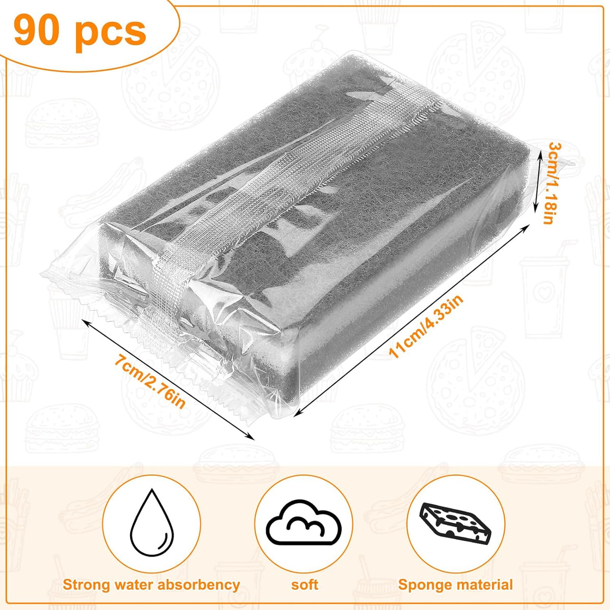 90 Pack Individually Wrapped Sponges Uncompressed Kitchen Dishwashing Non Scratch Scrouing Sponge Bulk for Hotel Car Airbnb Apartments,Gray
