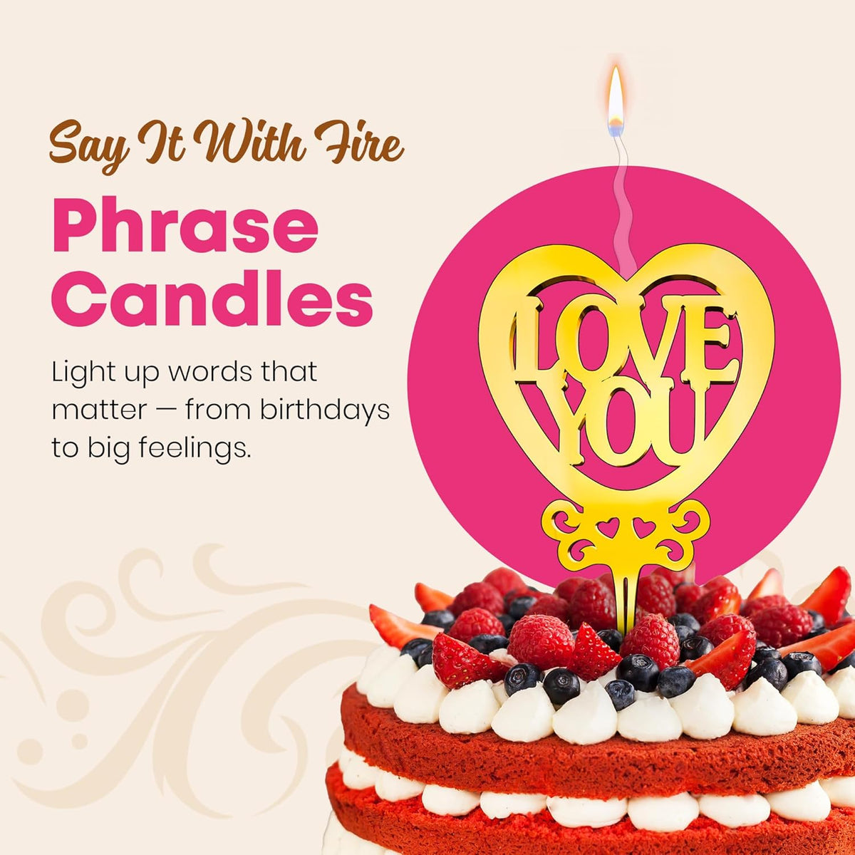 Love You Reusable Gold Romantic Cake Candle - Luxury Cake Topper Candle for Birthdays, Weddings & Anniversaries - Reusable Food Safe Acrylic, Shiny Mirror Finish - Happy Birthday Cake Topper Decor
