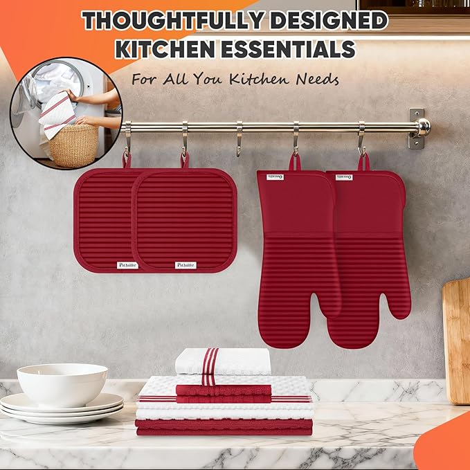 Oven Mitts Kitchen Towels and Dishcloths with Pot Holders Sets, Oven Gloves Hot Pads 500°F Heat Resistant with Silicone Grip, Include 2 Cooking Gloves/2 Potholders/4 Kitchen Towels/4 Dish Towels-Red