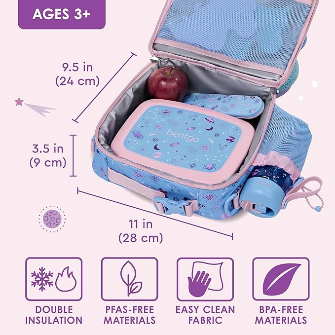 Bentgo Kids Lunch Bag - Durable, Double-Insulated Lunch Bag for Kids 3+; Holds Lunch Box, Water Bottle, & Snacks; Easy-Clean Water-Resistant Fabric & Multiple Zippered Pockets (Lavender Galaxy)