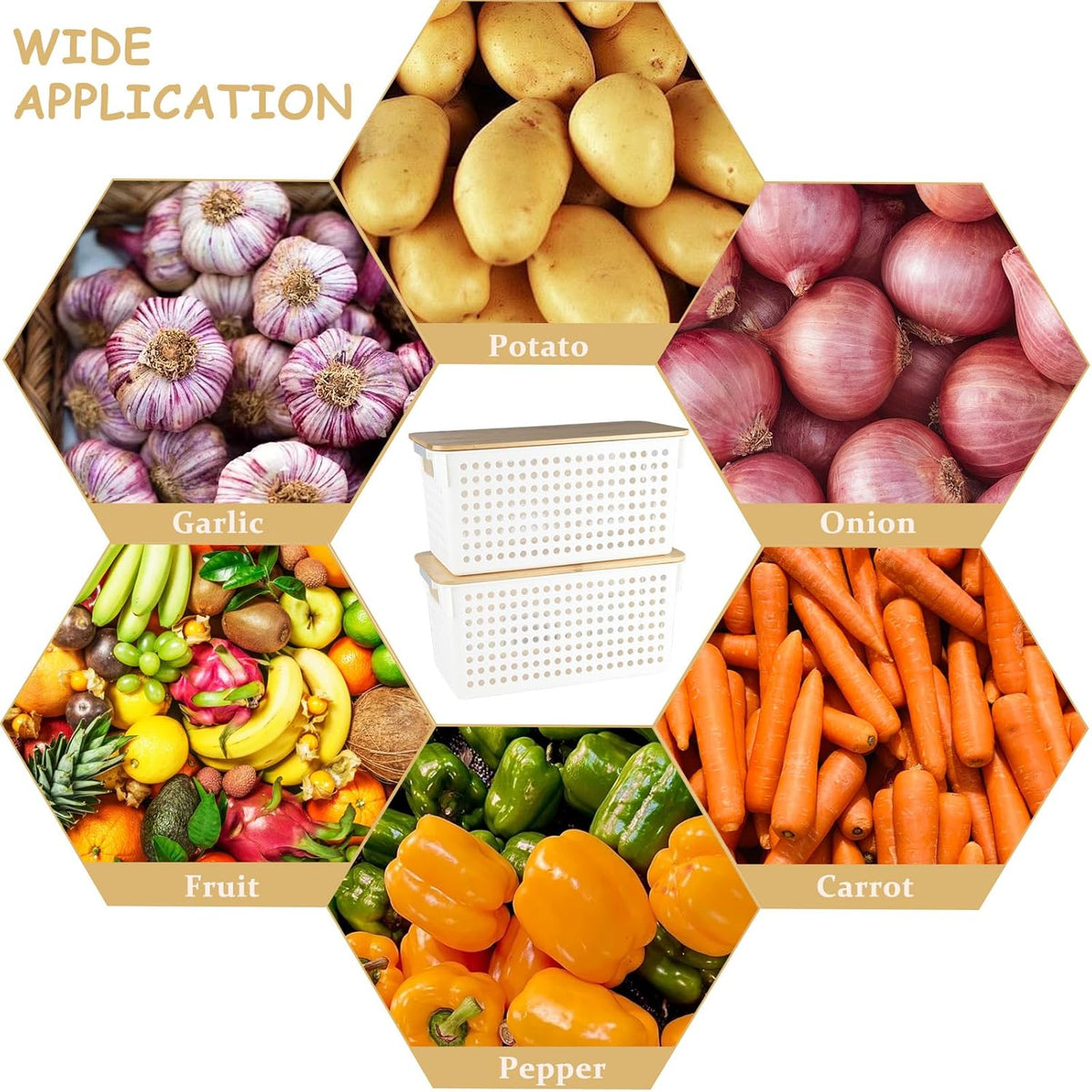 2 Set Pantry Organizer and Storage, Plastic Potato and Onion Storage with Wooden Lid, Stackable Potato Storage Onion Holder, Kitchen Pantry Baskets for Onion Potato Fruit Produce Vegetable