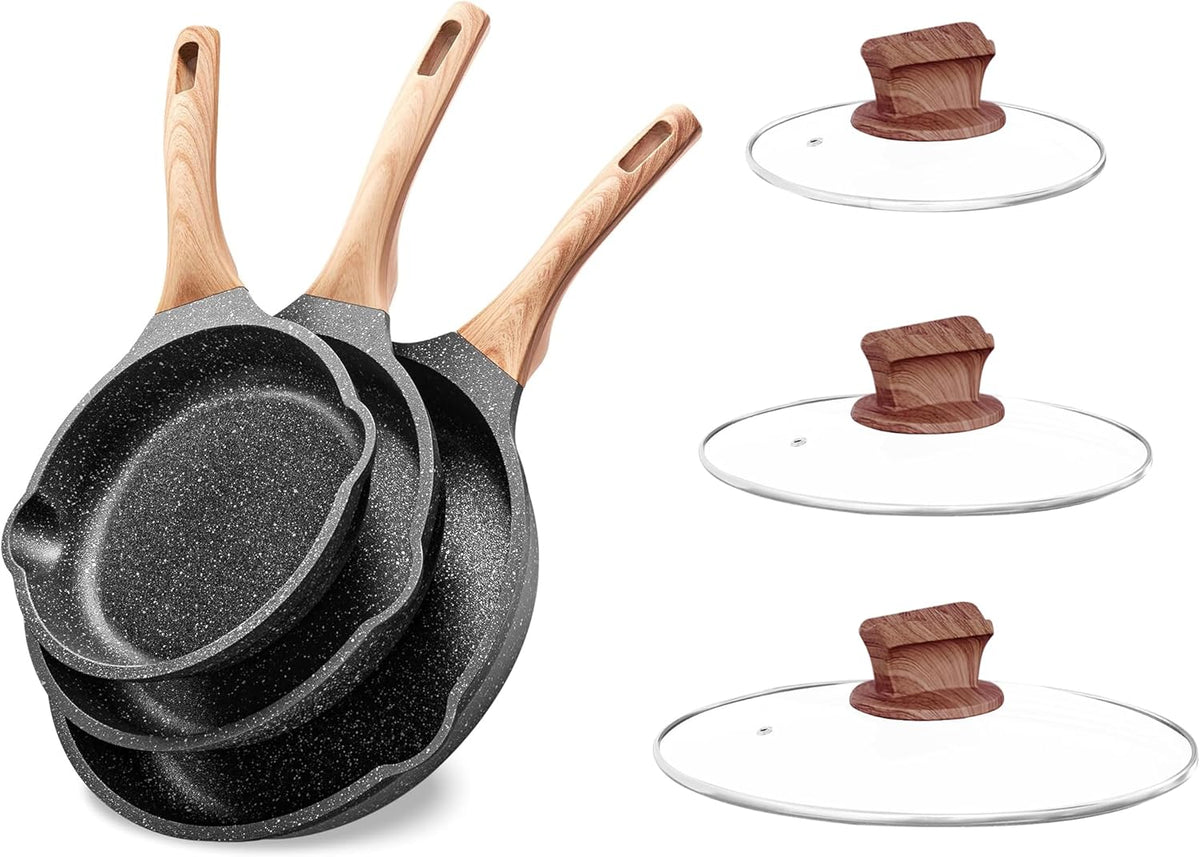 Non Stick Frying Pan Set with Lids, Granite Skillet Set, Egg Omelette Pans for Cooking Pan Set, No Toxic Kitchen Cookware Set Compatible with All Stovetops (Gas & Induction), PFOA Free, Gift
