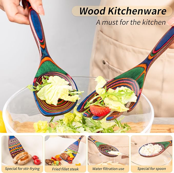 Gudamaye Pakkawood 7-Piece Wooden Cooking Utensils, Wooden Spoons for cooking, Pakkawood kitchen Utensils for Cooking, Non-Stick Spoon, Household Essentials, Heat-Resistant Spoons
