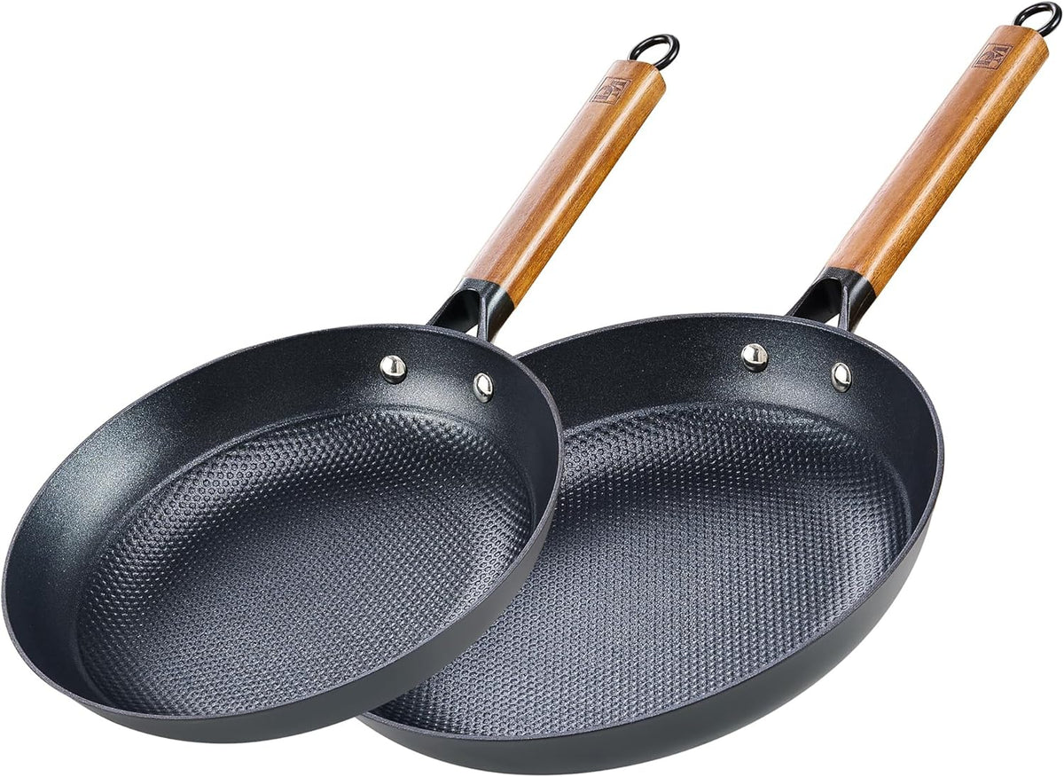 DM Cast Iron Skillet, 2 Piece Nonstick Frying Pan Set, 10 and 12 Inch with Detachable Acacia Wooden Handle, Honeycomb Non stick Omelet Egg Pan, Easy Clean Oven Safe Pans for Cooking