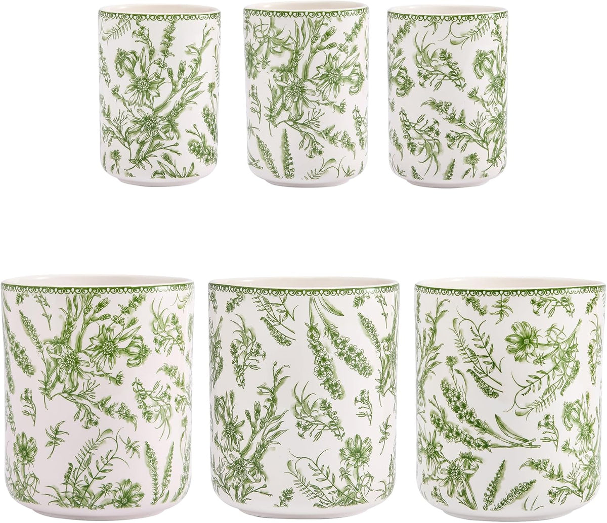 Bico Green Garden Toile De Jouy Ceramic Utensil Holder Set of 2, Ceramic Kitchen Utensil Crocks for Countertop, Large Cooking Tool Holder Counter Decor, Spatula Organizer