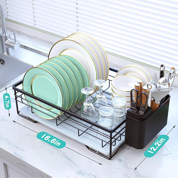 VABNEER Dish Drying Rack with Stone Drying Mat, Quick-Drying/Stainless/Super Sturdy/Space-Saving, Dish Strainers for Kitchen Counter, Escurridor de Trastes para Cocina (Black)