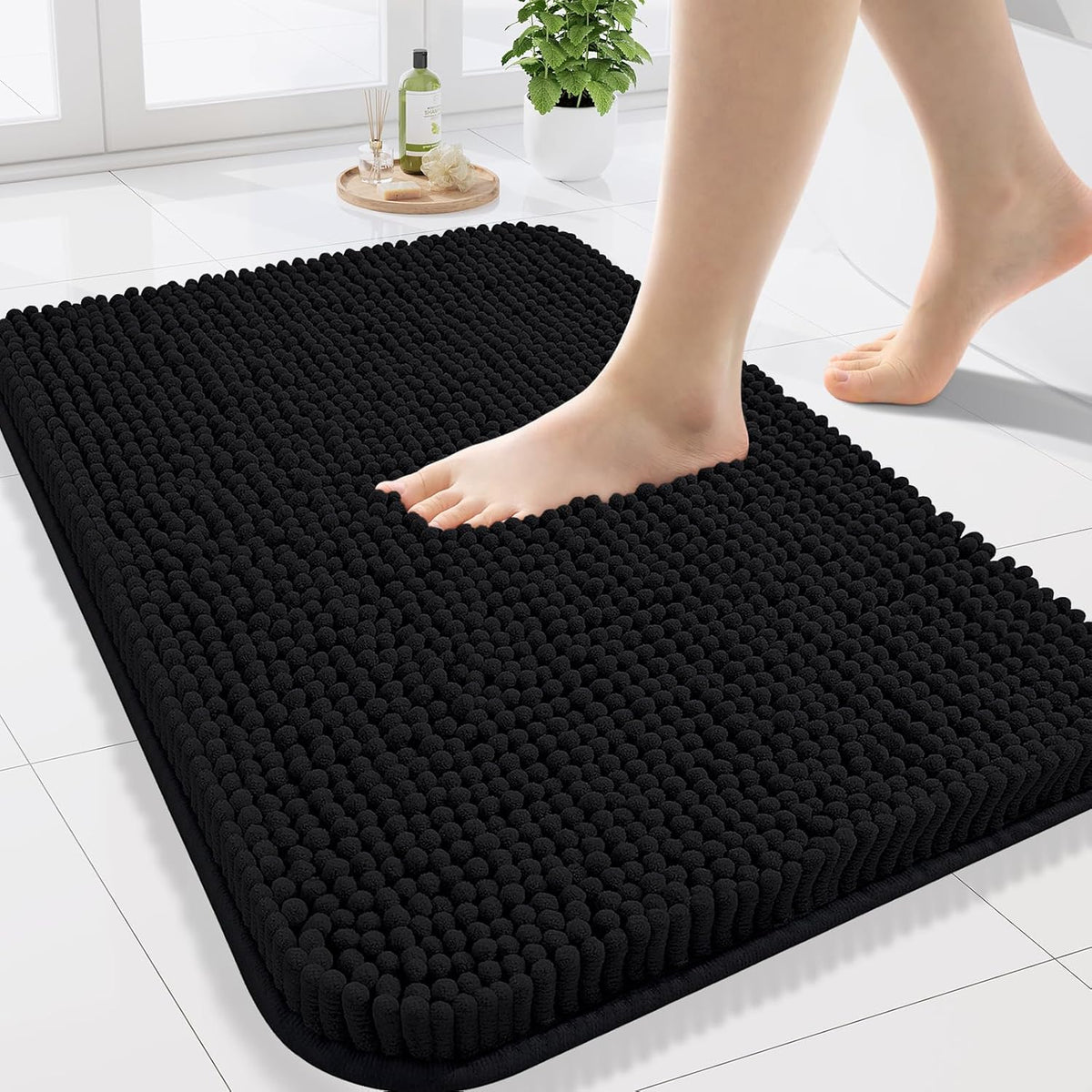 Arotive Bathroom Rugs 24x16, Extra Soft Absorbent Shaggy Chenille Bath Rugs, Machine Washable Rubber Backing Non-Slip Bath Mats for Bathroom Floor Tub and Shower, Home Decor Accessories, Black