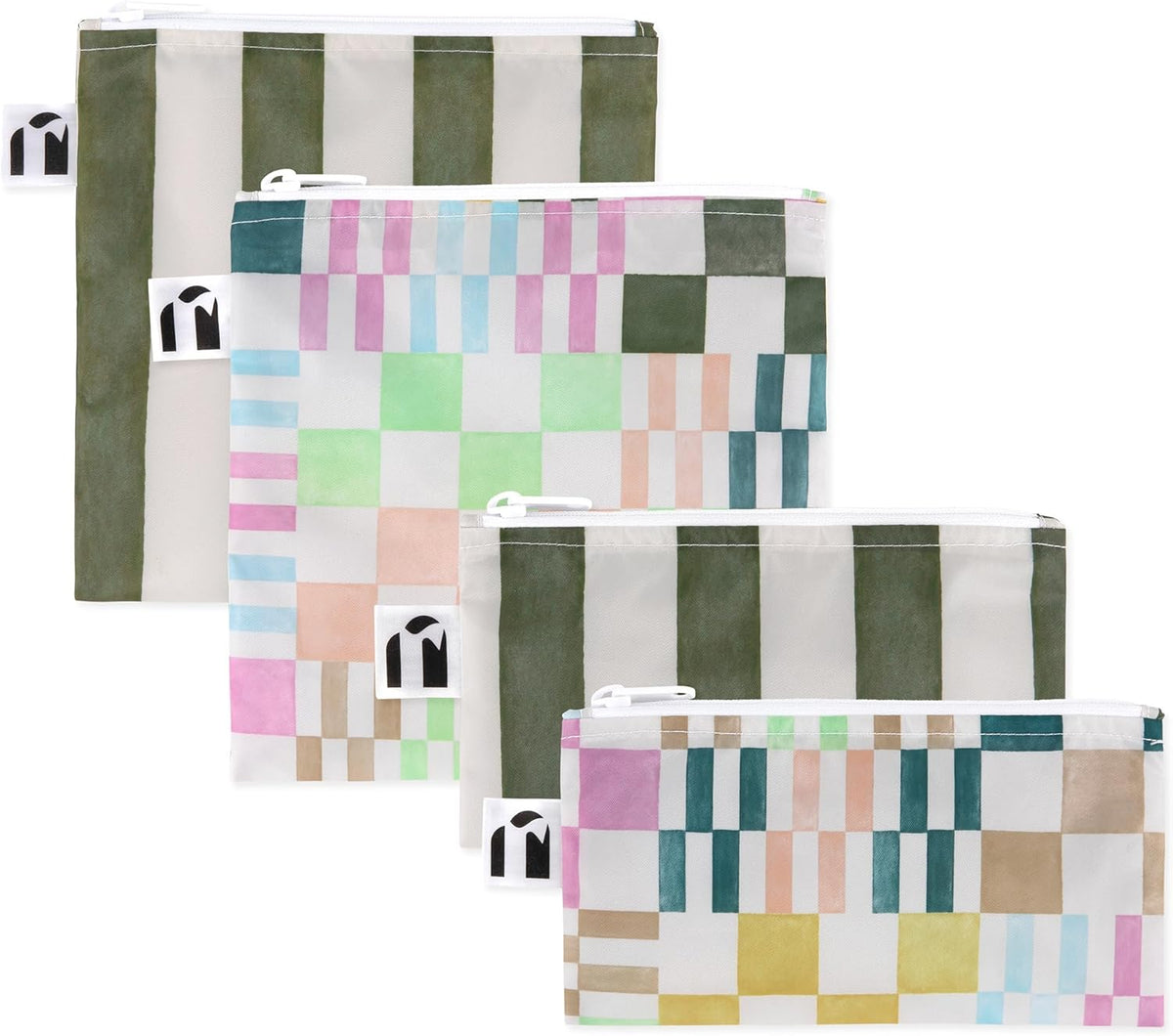 Roamio Reusable Sandwich and Snack Bags, for Kids School Lunch and for Adults Portion, Washable Fabric, Waterproof Cloth Zip Bag, Pack Travel Pouch, Food-Safe, 4-pack Set Green Stripe and Multi Check
