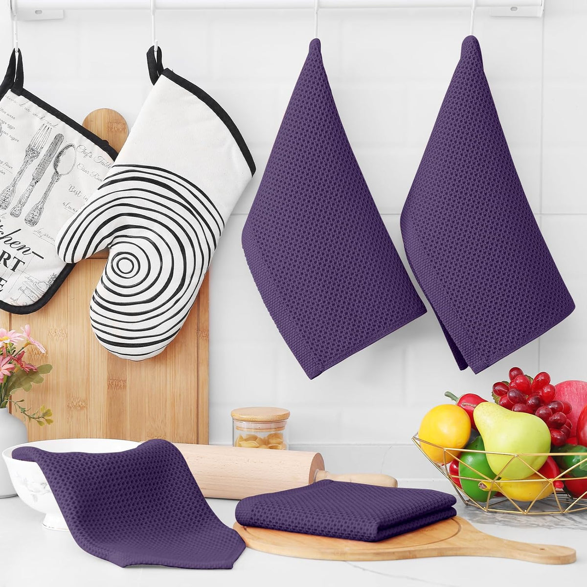 Homaxy 100% Cotton Waffle Weave Kitchen Dish Cloths, Ultra Soft Absorbent Quick Drying Dish Towels, 12 x 12 Inches, 8-Pack, Eggplant