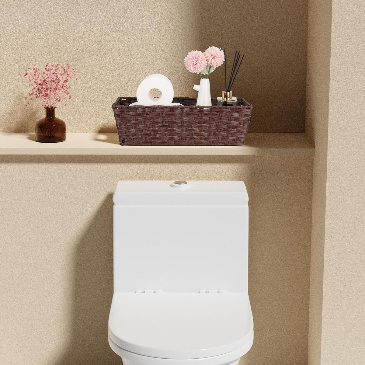 Plastic Wicker Storage Baskets - Toilet Tank & Bathroom Baskets, Woven for Organizing, Brown, 15¾" x 6¾" x 4¾", 2-Pack