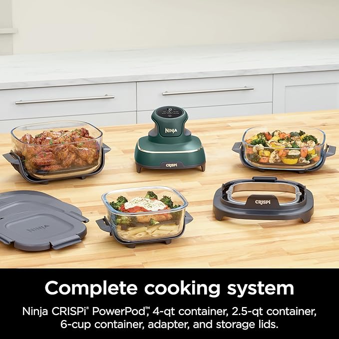 Ninja Crispi 5-in-1 Glass Air Fryer | 450°F, Nontoxic, 4QT & 6-Cup Containers & Lids | Microwave, Freezer, Dishwasher Safe | Max Crisp, Air Fry, Bake, Recrisp, Keep Warm | Brit. Racing Green, FN103BF