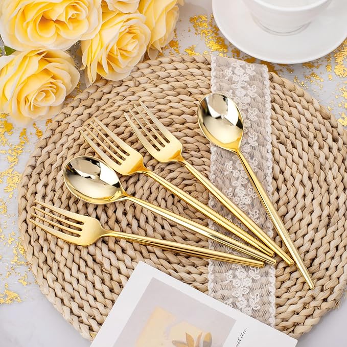 SUT 200PCS Gold Plastic Forks and Spoons Heavy Duty Set, Gold Disposable Silverware, gold Cutlery, Disposable Utensils, Plastic Flatware Includes 100 Forks, 100 Spoons for Party