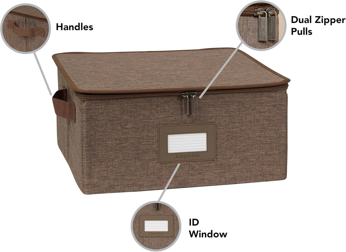 Covermates Keepsakes Dish Storage Box - Stackable, Reinforced Handles, China Storage, Brown Heather
