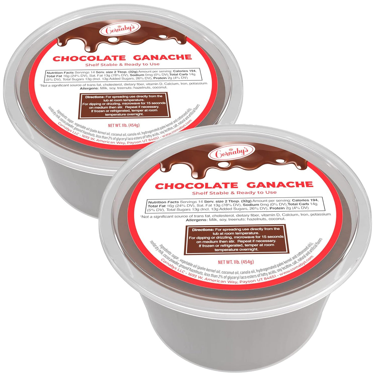 Cornaby's Ready to Use Chocolate Ganache (2 pack) | Rich & Creamy Chocolate Topping, Drizzle or Dip for Strawberries, Pretzels, Macarons, Cookies, Cupcakes & Layer Cakes | 2 Plastic Tubs - 1 LB Each