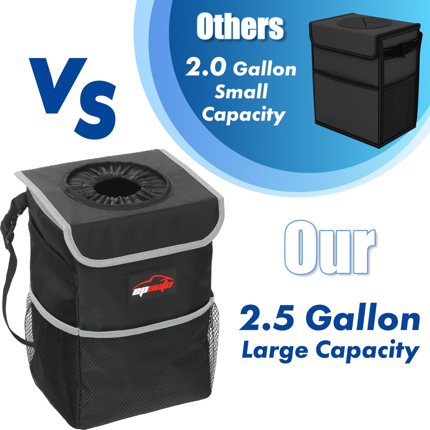 EPAuto Waterproof Car Trash Can with Lid and Pockets, 2.5 Gal, Black