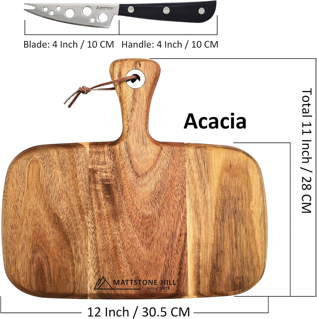 MATTSTONE HILL Acacia Cheese Knife & Board Set - Soft & Semi Hard Cheese Knife, Charcuterie Board, Wood Serving Platter