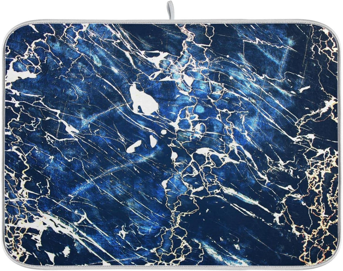 Super Absorbent Dish Drying Mat, Microfiber Fast-Drying Dish Mat, 16" x 18", Kitchen Dish Drying Pad, Marble Black Navy Blue