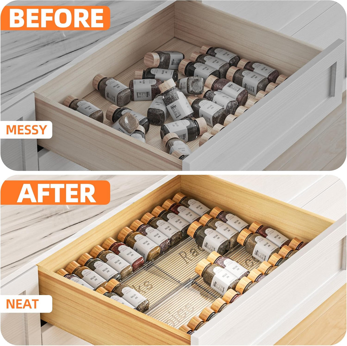 Spice Drawer Organizer, 2 Tier- 2 Pack Clear Acrylic Drawer Seasoning Organizer, Expandable From 11'' to 22'' Kitchen Spice Rack Organizers and Storage for Drawer (Jars not included)