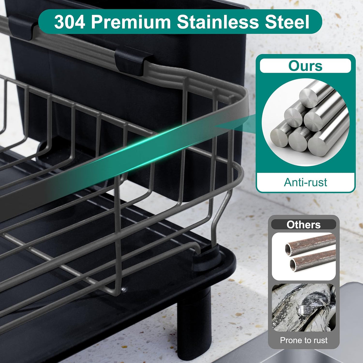 Dish Drying Rack for Kitchen Counter,Space-Saving Dish Rack with Drainboard,Rustproof Countertop Dish Drainer with Utensil Holder for Sink,Gray