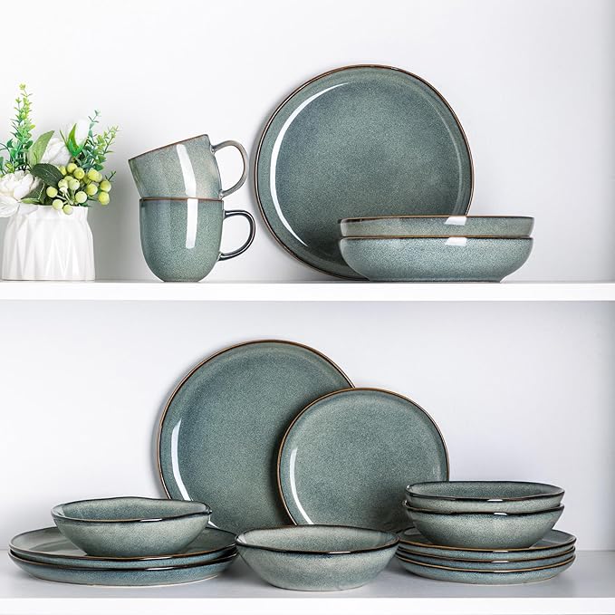 AmorArc Ceramic Dinnerware Sets,Handmade Reactive Glaze Stonewre Plates and Bowls Sets,Highly Chip and Crack Resistant | Dishwasher & Microwave Safe Dishes Set,Service for 4 (12pc)