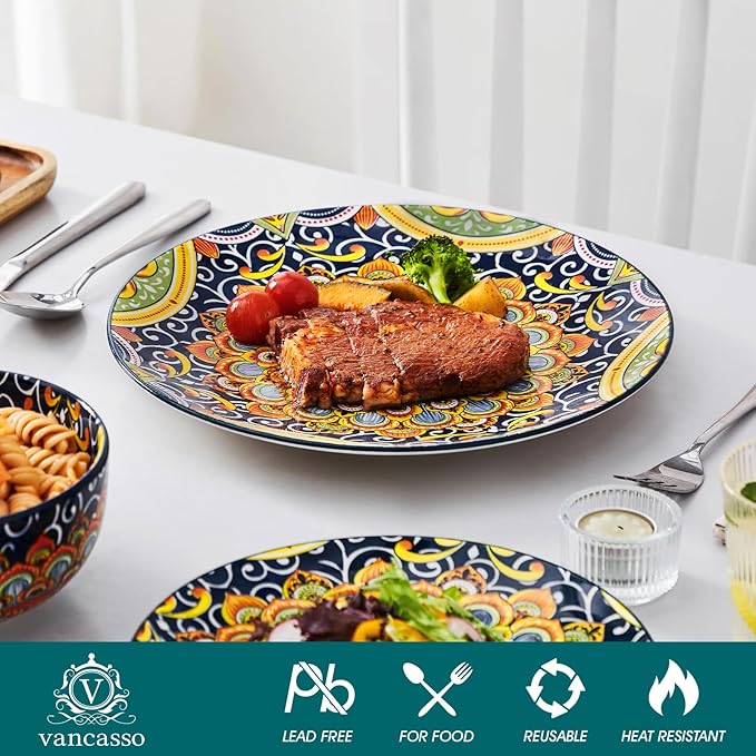 vancasso 12 Pieces Dinnerware Sets, Dark Green Plates and Bowls Set, Porcelain Dishes Set for 4, Microwave and Dishwasher Safe, Scratch Resistant, Bohemian Style Dining Ware Service for 4, Series SIMI