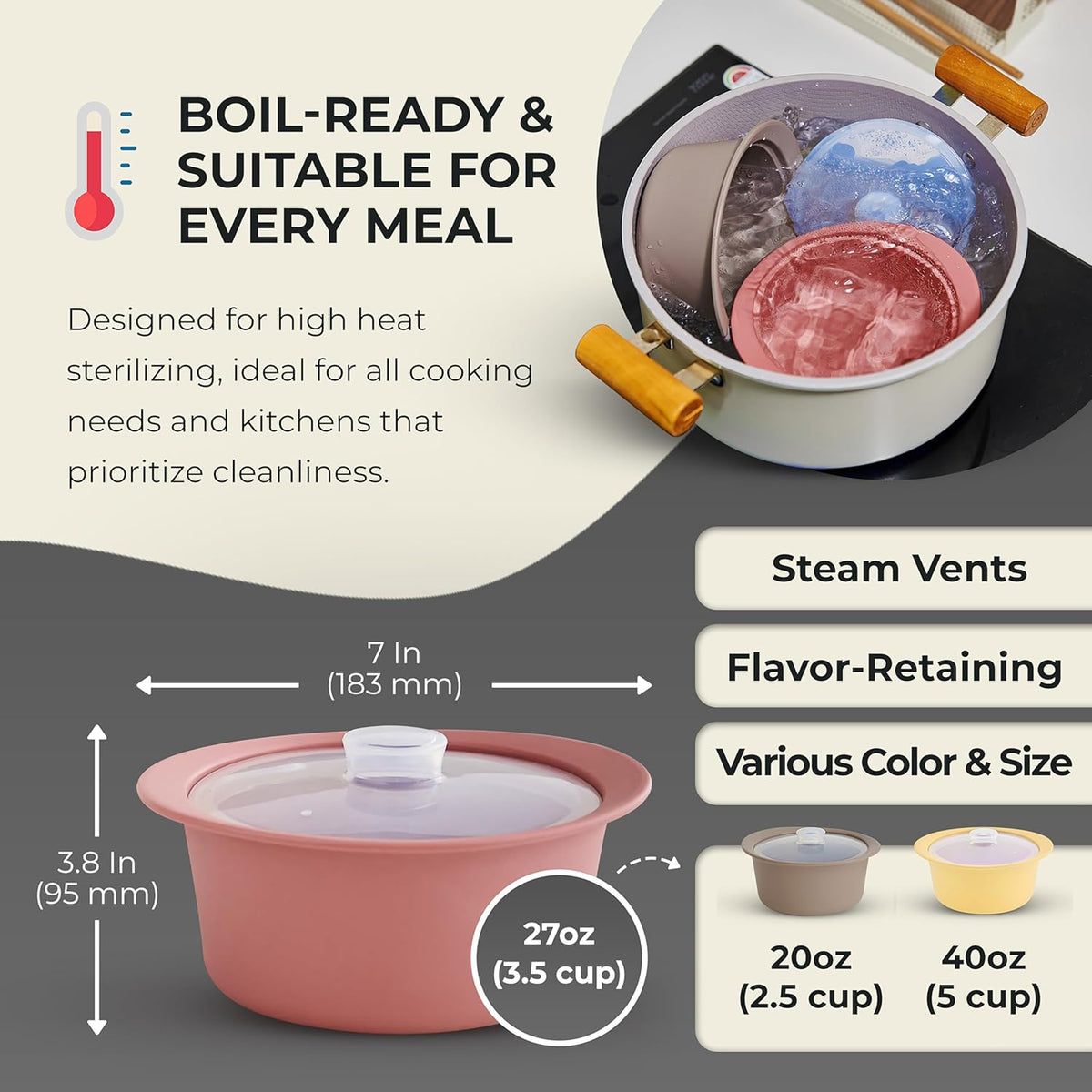 27oz Platinum Silicone Microwave Steamer Pot with Handle & Lid - Korea 100% Food-Grade Steamer Bowl, Heat-Resistant Cooker with Steam Holes, Easy Clean, Dishwasher Safe, Dry Rose