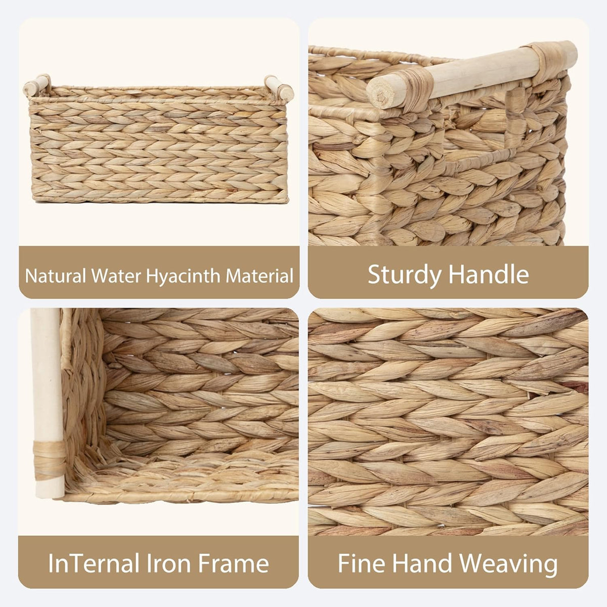 Handmade Water Hyacinth Woven Storage Baskets with Wooden Handles, Rectangle Rustic Organizer Set for Home Decor, Kitchen, Bedroom & Office (Small)