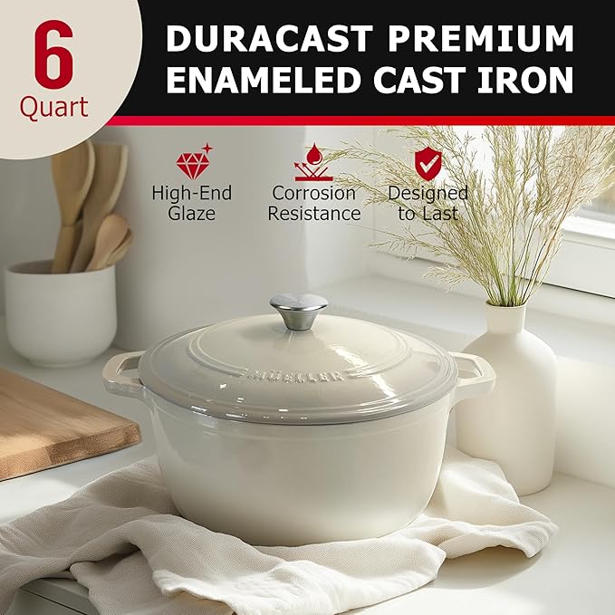 Mueller 6qt Enameled Cast Iron Dutch Oven, Heavy-Duty Casserole and Braiser Pan with Lid and Knob, Oven-Safe up to 500° F & Across All Cooktops, White