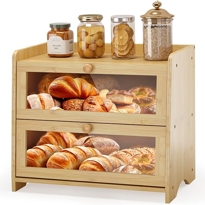 JANSNIMEN Double Layer Bread Box for Kitchen Countertop, Large Breadbox Bread Container Storage with Acrylic Door, Wooden Farmhouse Bread Holder (Bamboo, Medim-15.7" L x 9.5" W x 13" H)