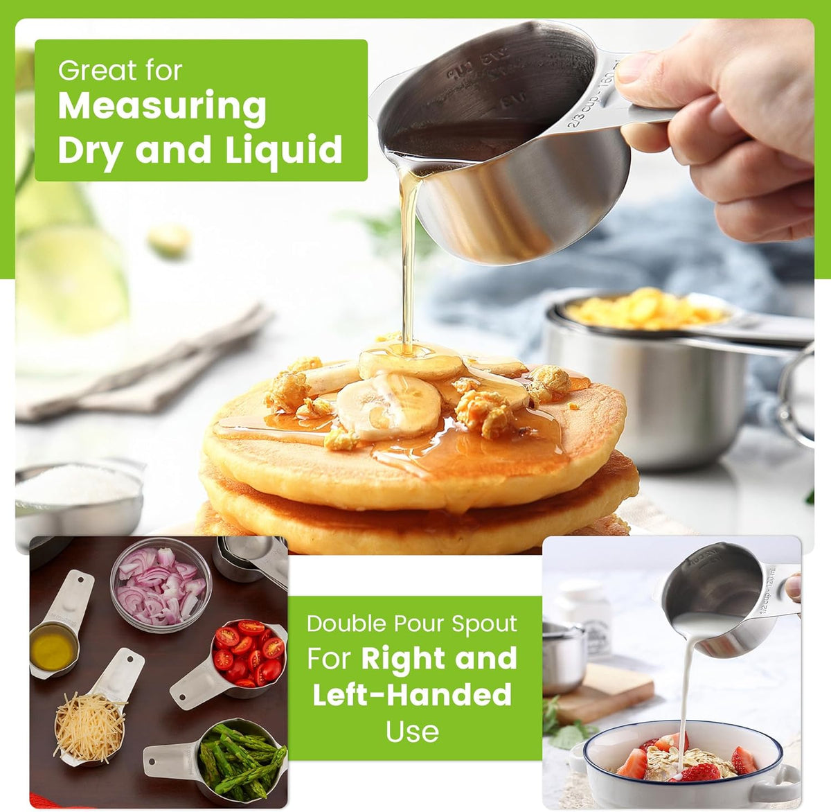 Spring Chef Stainless Steel Measuring Cups Set of 7 with Pour Spout - Nesting Kitchen Tools with Easy Read Markings to Measure Dry or Liquid Ingredients - Metal Measuring Cups for Baking & Cooking