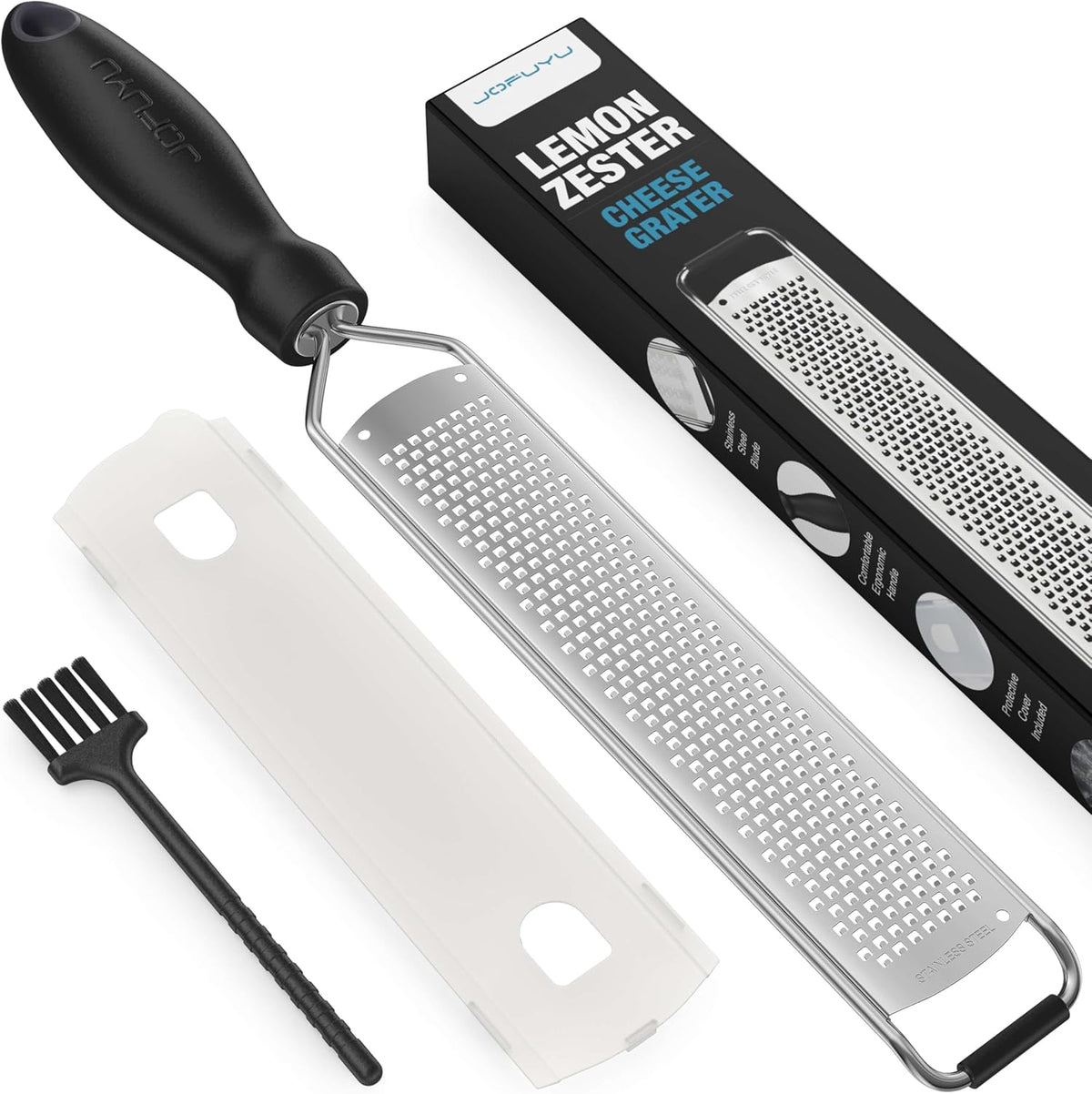 Premium Lemon Zester Grater with Handle, Ultra Sharp Stainless Steel Blade for Cheese, Citrus, Ginger, Garlic & Chocolate, Non-Slip Grip, Safety Cover & Cleaning Brush