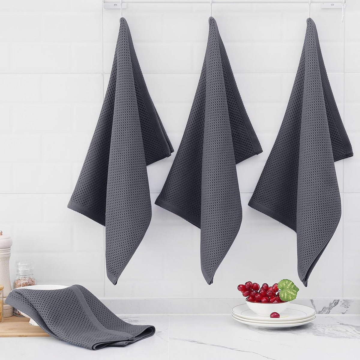Homaxy 100% Cotton Oversized Waffle Weave Kitchen Dish Towels, Ultra Soft Absorbent Quick Drying Cleaning Towel, 20 x 28 Inches, 4-Pack, Dark Grey