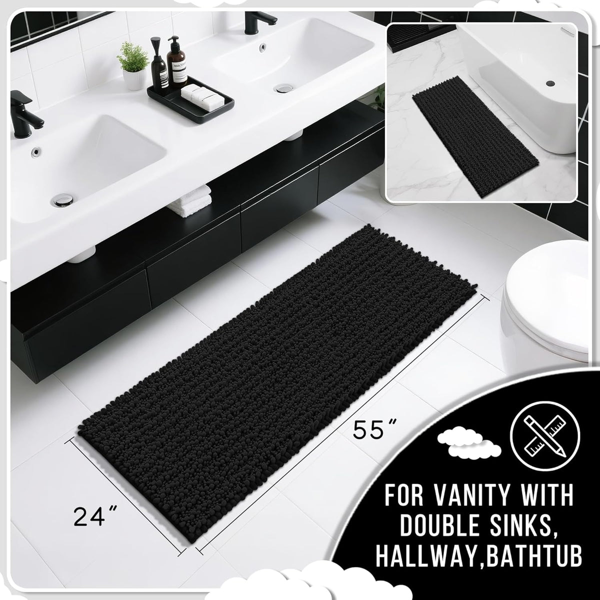 Yimobra Bathroom Runner Rug 55x24 Inch - Extra Long Non Slip Chenille Bath Mat, Soft & Absorbent, Machine Washable Shaggy Hallway Carpet for Vanity Tub Shower, Black Home Decor Accessories