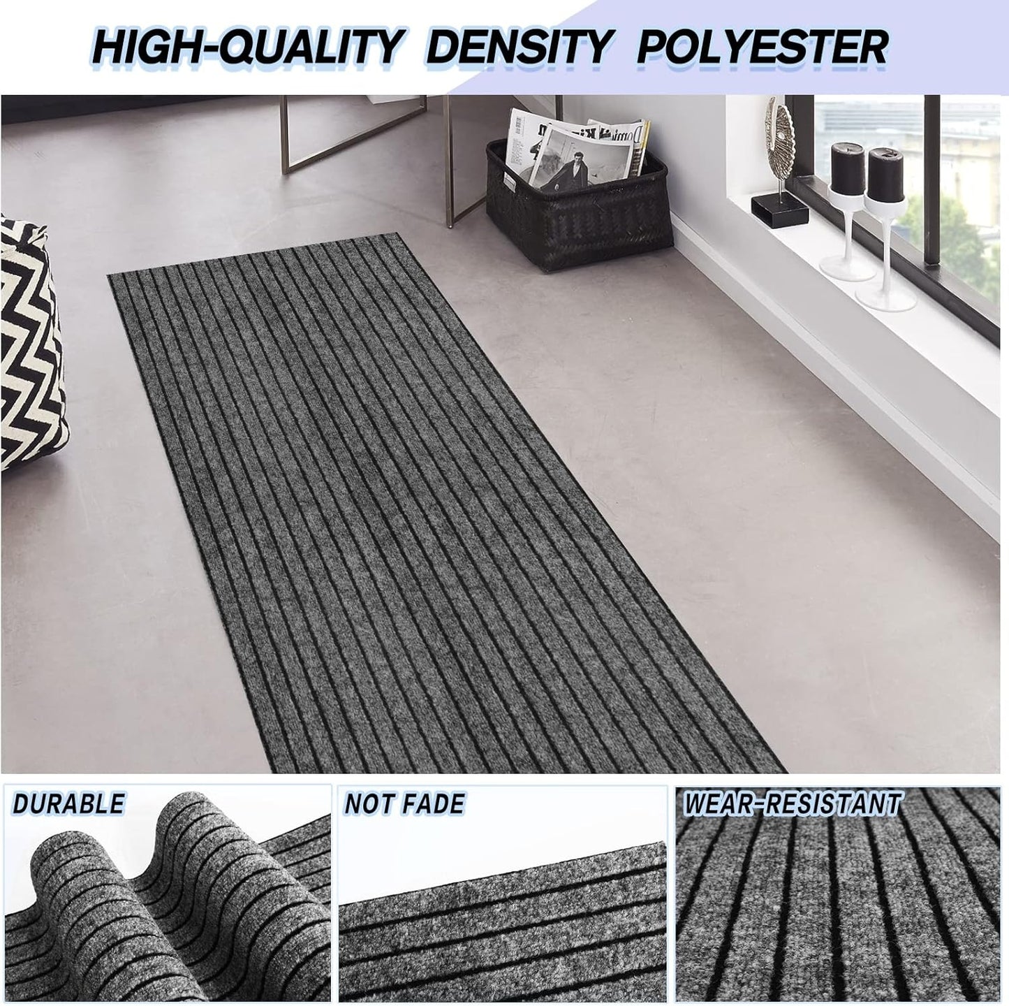 Custom Size Backed Non-Slip Area Rugs Runner, Easy Clean, Waterproof Runner Rugs for Hallway Entryway, Kitchen, Laundry, 2FT x 42FT, Gray Stripe