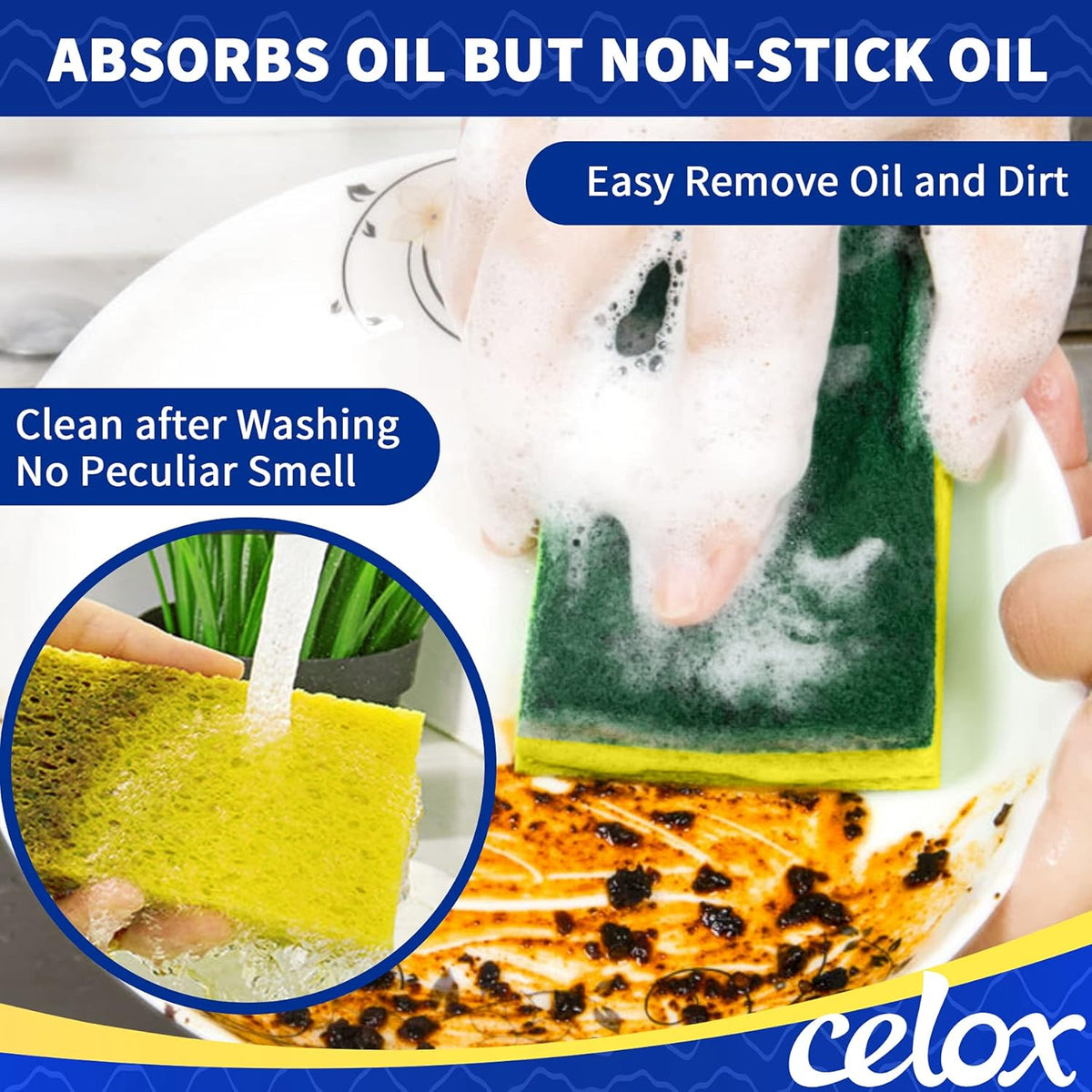 CELOX 12 Pack Dish Sponge for Kitchen, Dual Sided Scrub Heavy Duty, Non Scratch Sponges Perfect for Dishwashing and Household Cleaning, Highly Absorbent and Easy to Dry for Reuse
