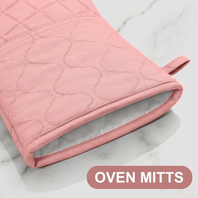 Oven Mitts Pot Holders Sets/Kitchen Towels and Dishcloths, Oven Gloves Kitchen Dish Towels 500 Degree Heat Resistant Potholders with Non-Slip Silicone Surface for Cooking, Grilling, Baking-Pink